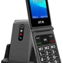 SPC Telefono Movil Boton SOS - de Tapa para Personas Mayores - Boton de Emergencias - Botones y Teclas Grandes - Ayuda Inteligente en Remoto - Acceso Directo a Tres Contactos - Base de Carga y Conector USB Tipo C - Color Titanio