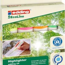 Edding 24 EcoLine Pack de 4 Marcadores Fluorescentes - Punta Biselada - Trazo entre 2-5mm - 90% de Plastico Reciclado - Etiqueta Ecologica Blue Angel - Colores Surtidos