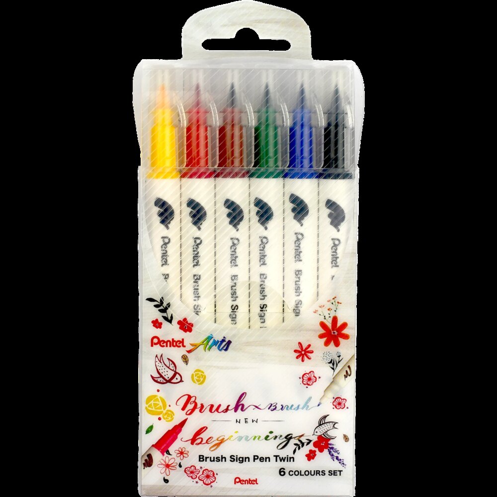 Pentel Brush Sing Pen Twin Pack de 6 Rotuladores con Doble Punta de Pincel Flexible - Punta Ancha 1-4mm