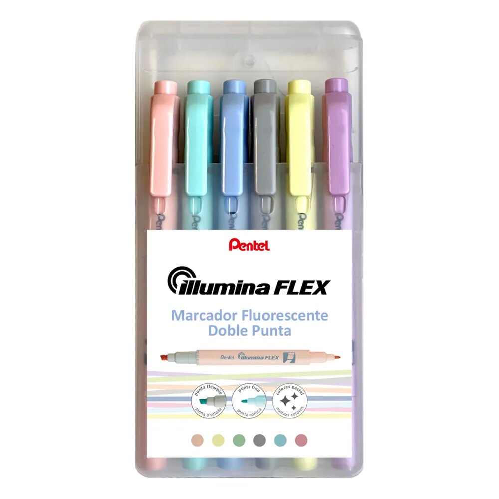 Pentel Illumina Flex Pack de 6 Marcadores Fluorescentes Doble Punta - Biselada Trazo entre 1.5 a 3.5mm - Conica Trazo 1mm - Colores  Amarillo