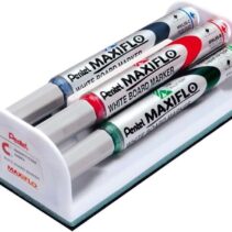 Pentel Maxiflo Pack de 4 Rotuladores para Pizarra Blanca + Borrador Magnetico - Punta de Bala - Ancho de Linea 2mm - Regulacion del Flujo de Tinta - Colores Negro