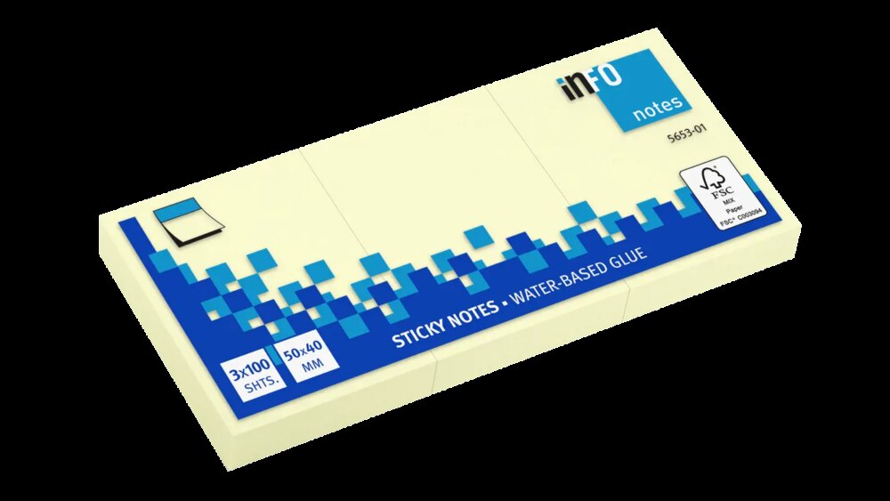 Global Notes inFO Pack de 3 Blocs de 100 Notas Adhesivas 50 x 40mm - Certificacion FSC? - Color Amarillo