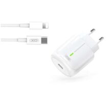 XO Cargador de Carga Rapida 20W - Puerto Tipo C - Carga + Del 50% en 30 Minutos - Proteccion de Sobretensiones - Incluye Cable de Carga Lightning - Color Blanco