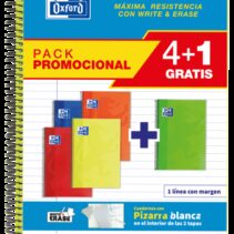 Oxford School Classic Write&Erase Pack 4+1 Fº - Cuaderno Espiral - Tapa Extradura - 1 Linea con Margen - 80 Hojas - Colores Surtidos