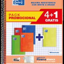 Oxford School Classic Write&Erase Pack 4+1 Fº - Cuaderno Espiral Tapa Extradura - Milimetrado con Margen - 80 Hojas - Colores Surtidos