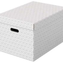 Esselte Pack de 3 Cajas Grandes de Almacenamiento con Tapa 355x305x510mm - Carton 100% Reciclado y Reciclable - Asas Integradas - Diseño Blanco con Dibujo