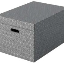 Esselte Pack de 3 Cajas Grandes de Almacenamiento con Tapa 355x305x510mm - Carton 100% Reciclado y Reciclable - Asas Integradas - Diseño Gris con Dibujo