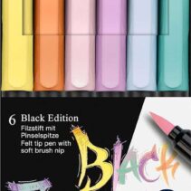 Faber-Castell Black Edition Pack de 6 Rotuladores Punta Pincel - Tinta a Base de Colorantes Alimentarios - Colores Pastel Surtidos