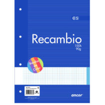 Ancor Recambio de 100 Hojas 90gr Tamaño A4 Cuadriculado 4x4mm - 4 Taladros - Bandas de Color