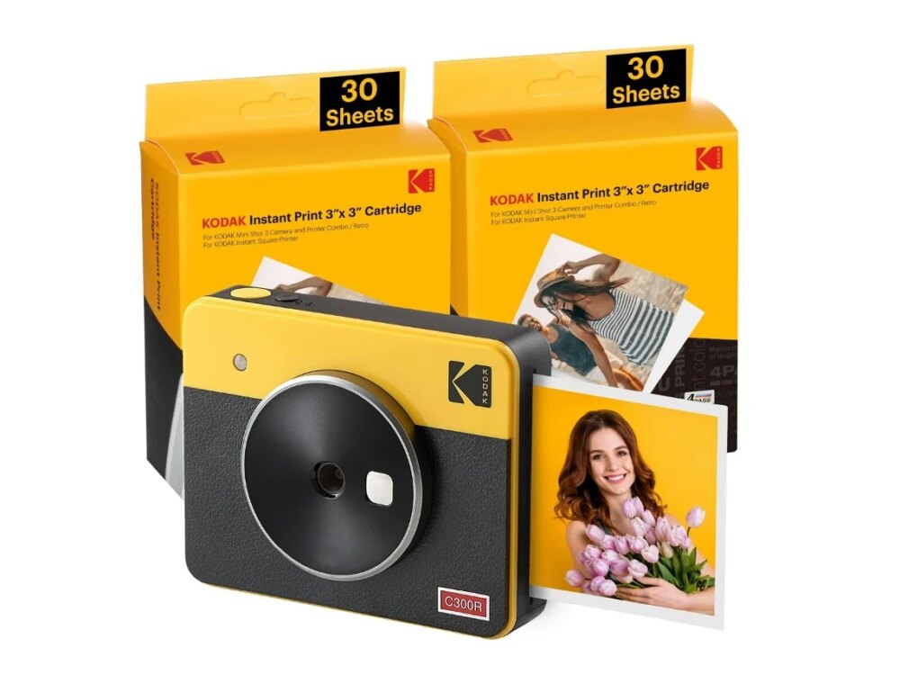 Kodak Mini Shot 3 Retro Pack de Camara Digital Instantanea Bluetooth + 60 Hojas de Papel Fotografico 7.62x7.62cm - Pantalla LCD 1.7" - Flash Integrado - Espejo para Selfies - Color Amarillo/Negro