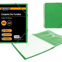 Ingraf Carpeta 20 Fundas A4 + Sobre con Broche - Espiral Plastica Indeformable - Apertura 360 Grados - Portada Personalizable - Color Verde