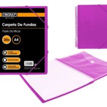 Ingraf Carpeta 30 Fundas A4 + Sobre con Broche - Espiral Plastica Indeformable - Apertura 360 Grados - Portada Personalizable - Color Morado