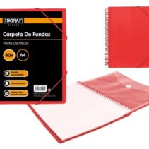 Ingraf Carpeta 40 Fundas A4 + Sobre con Broche - Espiral Plastica Indeformable - Apertura 360 Grados - Portada Personalizable - Color Rojo