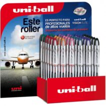 Uni-ball Vision Elite UB-200 Expositor de 36 Rollerballs de Tinta Liquida - Punta de Bola 0.8mm - Sistema Antifugas para Viajes - Cartucho Recambiable - Color Surtido