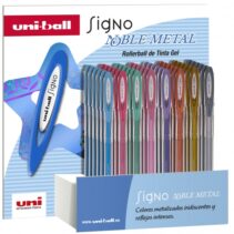 Uni-ball Signo Noble Metal Expositor de 48 Boligrafos de Tinta Gel - Punta de Bola 0.8mm - Tinta Resistente al Agua y Luz - Escribe en Papel Negro y Blanco - Colores Surtidos