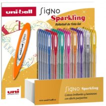 Uni-ball Signo Sparkling Expositor de 48 Boligrafos de Tinta Gel - Punta de Bola 1mm - Tinta Pigmentada Resistente al Agua y Luz - Colores Surtidos