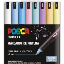 Posca PC1MR Pack de 8 Marcadores de Pintura - Punta Roller de Fibra 0.7mm - Tinta Pigmentada Base al Agua - Resistente a la Luz - Colores Surtidos Pastel