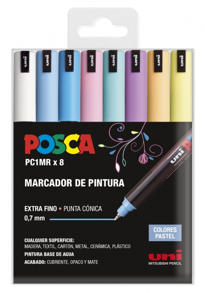 Posca PC1MR Pack de 8 Marcadores de Pintura - Punta Roller de Fibra 0.7mm - Tinta Pigmentada Base al Agua - Resistente a la Luz - Colores Surtidos Pastel