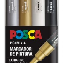 Posca PC1M Pack de 4 Marcadores de Pintura - Punta Conica de 0.7mm - Tinta Base al Agua - No Permanente - Resistente a la Luz - Inodoro - Ideal para Carteleria y Decoracion - Colores Plata