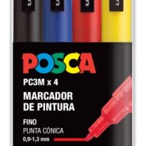 Posca PC3M Pack de 4 Marcadores de Pintura - Punta Conica 0.9-1.3mm - Tinta Base al Agua - Resistente a la Luz - No Permanente - Ideal para Carteleria y Decoracion - Colores Negro