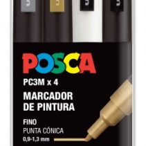 Posca PC3M Pack de 4 Marcadores de Pintura - Punta Conica 0.9-1.3mm - Tinta Base al Agua - Resistente a la Luz - No Permanente - Ideal para Carteleria y Decoracion - Colores Plata