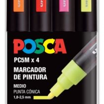 Posca PC-5M Pack de 4 Marcadores de Pintura - Punta de Bala 1.8-2.5mm - Tinta Base al Agua - No Permanente - Resistente a la Luz - Colores Fluor Surtidos