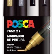 Posca PC-5M Pack de 4 Marcadores de Pintura - Punta de Bala 1.8-2.5mm - Tinta Base al Agua - No Permanente - Resistente a la Luz - Colores Oro