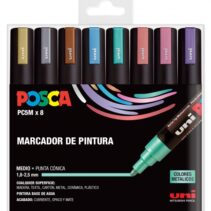 Posca PC-5M/8C Estuche de 8 Marcadores de Pintura - Punta de Bala 1.8-2.5mm - Tinta Base al Agua - Resistente a la Luz - No Permanente - Color Surtido