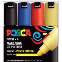 Posca PC-7M Estuche de 4 Marcadores de Pintura - Punta de Bala 4.5-5.5mm - Tinta Base al Agua - Resistente a la Luz - No Permanente - Color Surtido