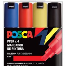 Posca PC-8K Estuche de 4 Marcadores de Pintura - Punta Biselada Acrilica 8mm - Tinta Base al Agua - No Permanente - Resistente a la Luz - Inodoro - Ideal para Carteleria y Decoracion - Color Surtido