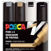 Posca PC-8K Estuche de 4 Marcadores de Pintura - Punta Biselada Acrilica 8mm - Tinta Base al Agua - Resistente a la Luz - Color Surtido