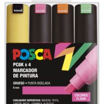 Posca PC-8K Estuche de 4 Marcadores de Pintura - Punta Biselada Acrilica 8mm - Tinta Base al Agua - Resistente a la Luz - Color Surtido