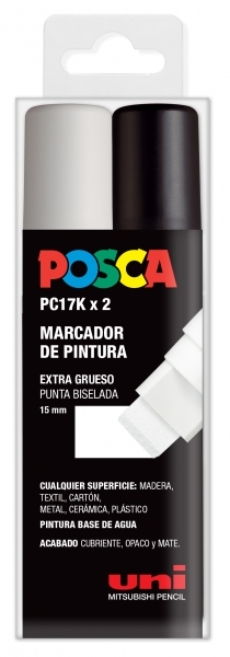 Posca PC-17K Estuche de 2 Marcadores de Pintura - Punta Biselada de Poliester 15mm - Ancho de Trazo Muy Grueso - Tinta Base al Agua - Resistente a la Luz - No Permanente - Color Surtido