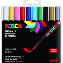 Posca PCF-350/10C Estuche de 10 Marcadores de Pintura Base al Agua - Punta Acrilica Estilo Pincel - No Permanente - Resistente a la Luz - Inodoro - Ideal para Carteleria y Decoracion - Color Surtido