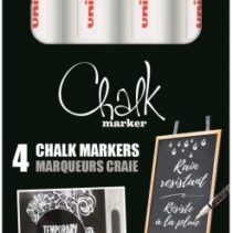 Uni-ball Chalk PWE-5M Pack de 4 Marcadores de Tiza Liquida - Punta Conica 1.8-2.5mm - Borrado en Humedo - Resistente a la Lluvia y Exteriores - Color Blanco