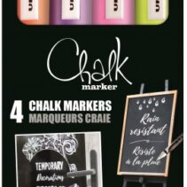 Uni-ball Chalk PWE-5M Pack de 4 Marcadores de Tiza Liquida - Punta Conica 1.8-2.5mm - Borrado en Humedo - Resistente a la Lluvia - Ideal para Pizarras y Vidrio - Colores Violeta