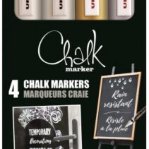 Uni-ball Chalk PWE-5M Pack de 4 Marcadores de Tiza Liquida - Punta Conica 1.8-2.5mm - Borrado en Humedo - Resistente a la Lluvia y Exteriores - Colores Blanco