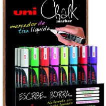 Uni-ball Chalk PWE-5M Expositor de 36 Marcadores de Tiza Liquida - Punta Conica 1.8-2.5mm - Borrado en Humedo - Resistente a la Lluvia - Colores Surtidos