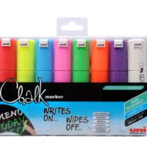 Uni-ball Chalk PWE-8K Pack de 8 Marcadores de Tiza Liquida - Punta Biselada 8mm - Borrado en Humedo - Resistente a la Lluvia - Colores Surtidos