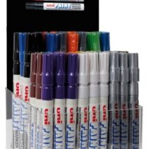 Uni-ball PX-21 Expositor de 54 Marcadores de Pintura - Punta Acrilica de Bala 0.8-1.2mm - Linea Fina - Cuerpo de Aluminio - Tinta Permanente Resistente a Luz y Agua - Colores Surtidos