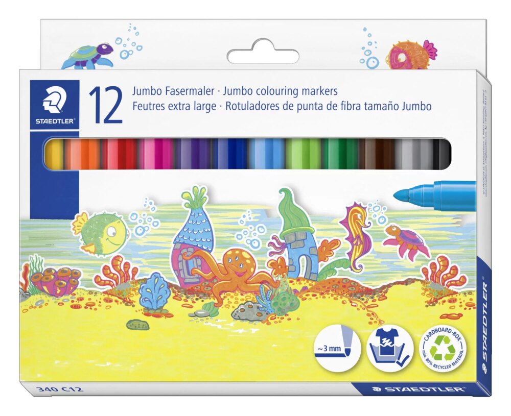 Staedtler Noris 340 Pack de 12 Rotuladores de Gran Tamaño - Trazo 3mm Aprox - Lavable Facilmente - Tinta Base de Agua - Colores Surtidos