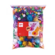 Apli Pack de 400 Pompones Brillantes - Formato Escolar - Cierre Zip Mejorado - Ideal para Manualidades y Decoraciones - Estimula la Creatividad Infantil - Colores Surtidos