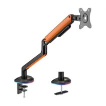 Aisens Soporte de Mesa RGB Gaming para Monitor/TV - Giratorio e Inclinable - Iluminacion RGB - Acero y Aluminio - Compatible Vesa - Carga Maxima 9Kg - Brazo Articulado - Sistema de Pasacables - Color Negro/Naranja