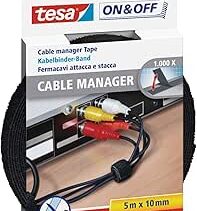 Tesa On & Off Cable Manager Pack de Tira de Velcro 5m x 10mm - Para Organizar Cables - Color Negro