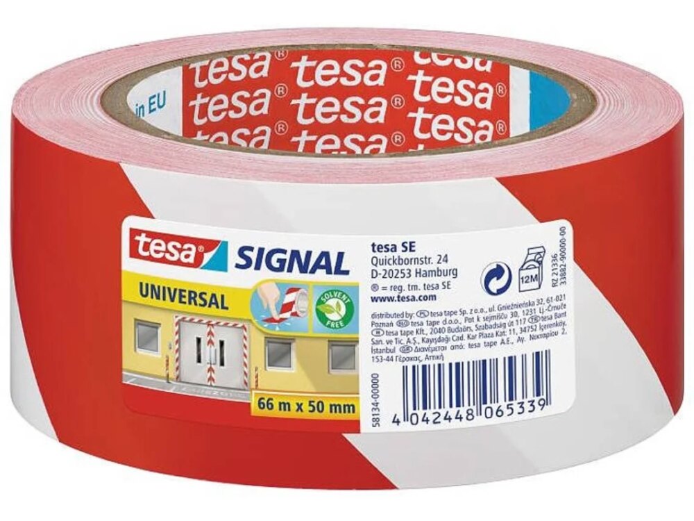 Tesa Cinta Adhesiva de Señalizacion 50mm x 66m - Ideal para Señalizar Obstaculos Permanentes - Adhesivo sin disolventes - Color Rojo/Blanco