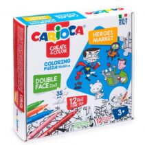 Carioca Coloring Puzzle Super Heroes & Market Pack de 35 Piezas a Doble Cara para Colorear - Incluye 12 Rotuladores Superlavables - Carton Duro y Encajes Precisos para Facil Montaje - Color Varios