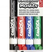 Carioca Whiteboard Clip Pack de 4 Rotuladores Borrables para Pizarras Blancas - Punta Media - Punta de Ø 4.5mm - Tapa con Clip - Secado Rapido - Color Varios