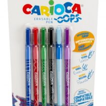 Carioca Oops Pack de 6 Boligrafos Borrables - Tinta Termo Sensible - Empuñadura Ergonomica Triangular - Punta de 0.7mm - Doble Goma - Recambios Compatibles - Color Varios