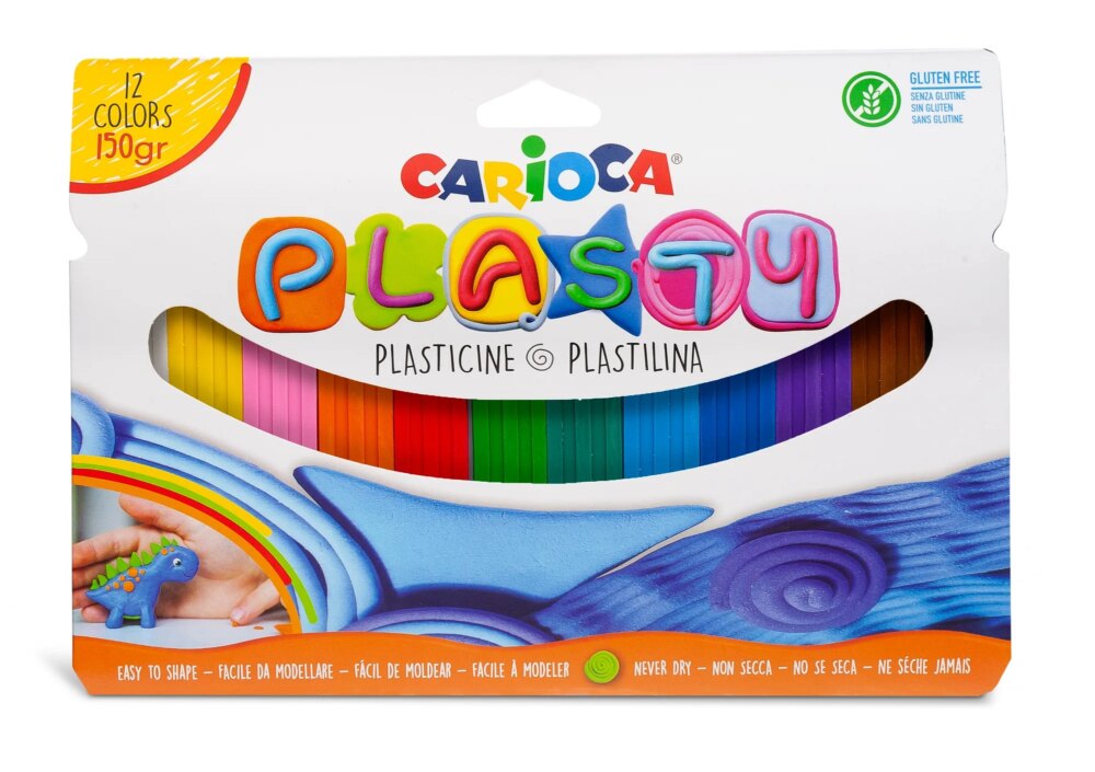 Carioca Plasty Pack de 12 Plastilinas Surtidas - Facil de Usar - No Se Seca - Reutilizable - Colores Brillantes y Mezclables - Libre de Gluten - Color Varios