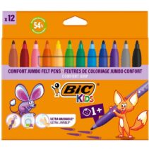 BIC Kids Comfort Jumbo Pack de 12 Rotuladores con Tinta Lavable - Facil de Limpiar - Agarre Antideslizante - Colores Surtidos